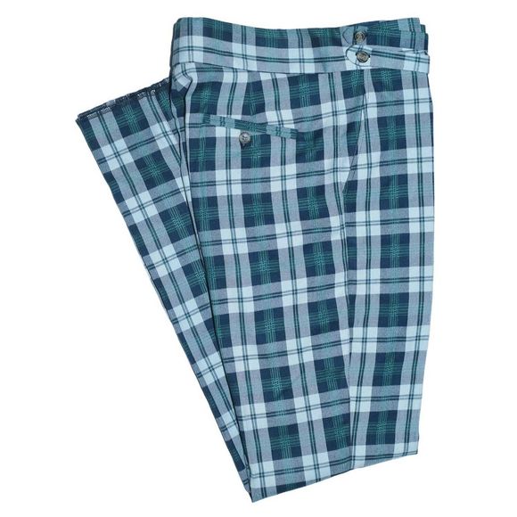 Mens Gurkha Pants Blue Green White Plaid Wool Slim High Waist Flat Front 40